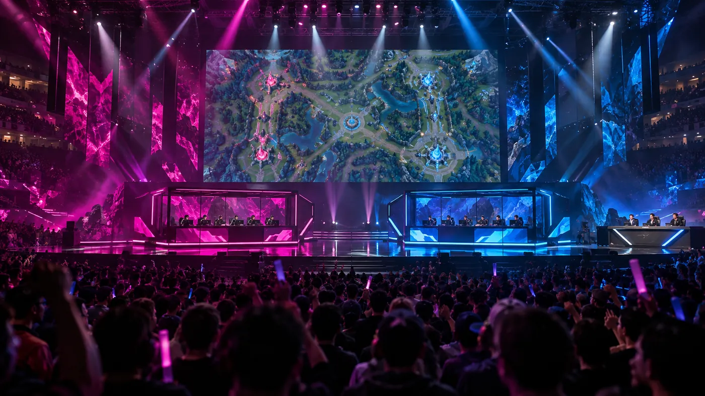 Scène d'un tournoi d'esport vue du public : deux cabines de joueurs éclairées en magenta et en bleu sous un grand écran